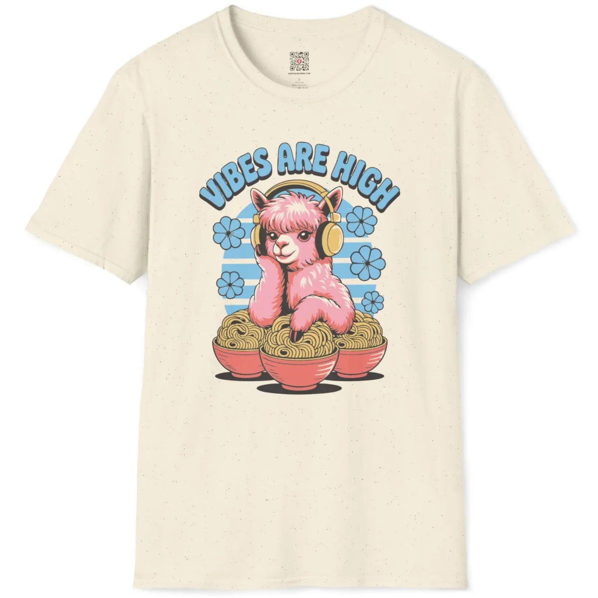 Natural fabric flatlay of pastel alpaca with headphones, pink ramen bowls, and retro blue stripes graphic design.