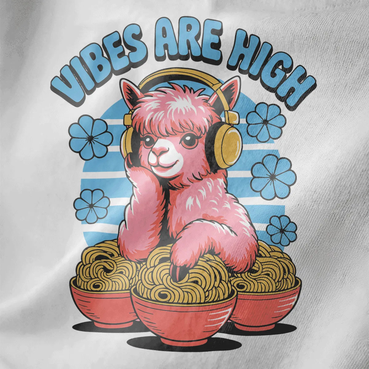Close-up of pastel pink alpaca with yellow headphones and pink ramen bowls on white fabric.