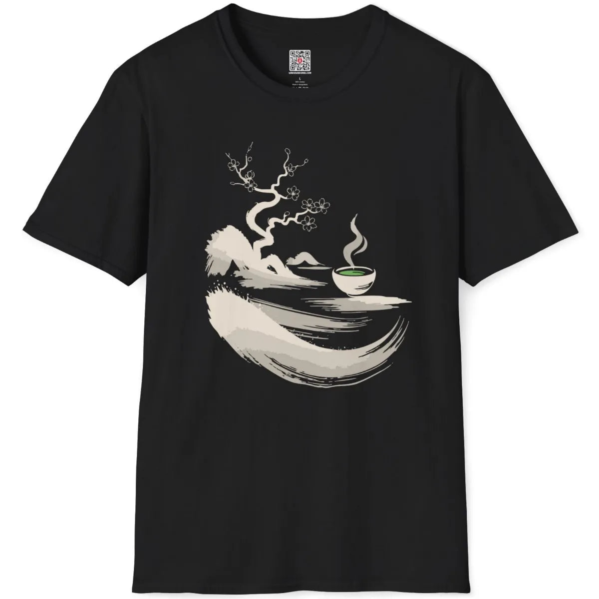 Black t-shirt flatlay featuring minimalist sumi-e twisted tree, cherry blossoms, and vibrant matcha bowl.