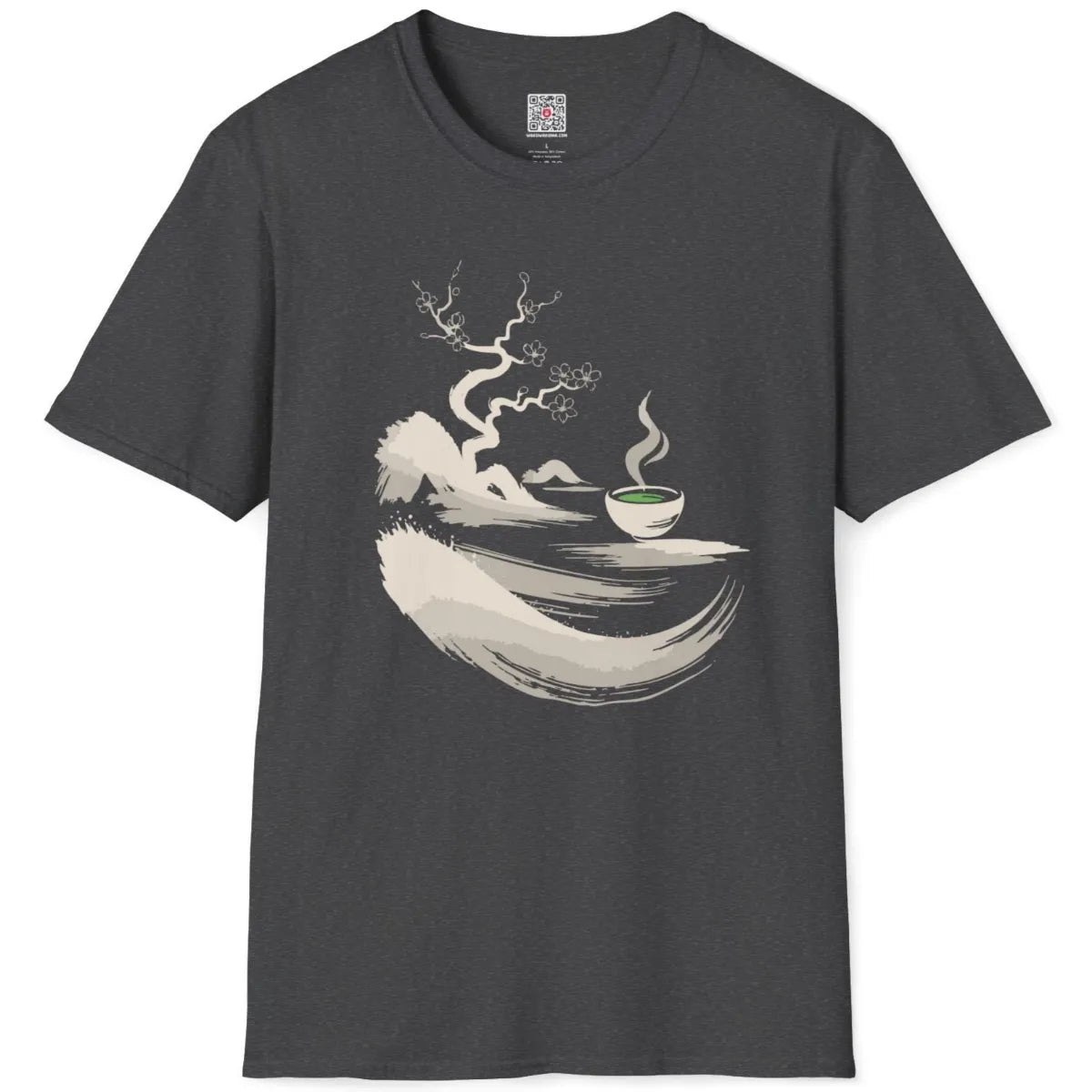 Dark heather t-shirt flatlay showing Japanese sumi-e twisted tree with cherry blossoms and green matcha bowl.