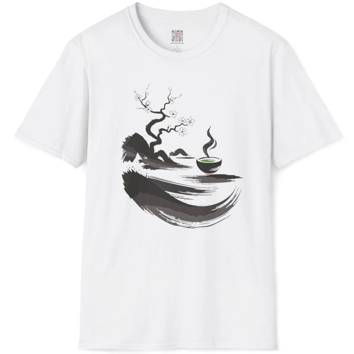 White t-shirt flatlay with serene sumi-e twisted tree, delicate cherry blossoms, and bright green matcha bowl.
