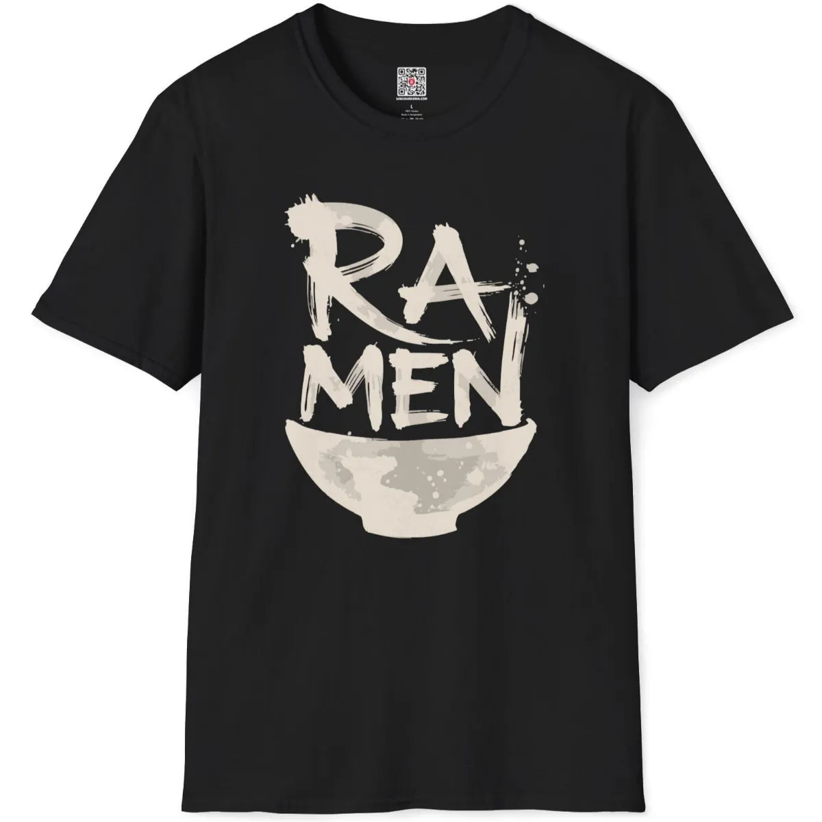 Black t-shirt flatlay featuring hand-drawn brushstroke "RAMEN" text and rustic ramen bowl graphic.
