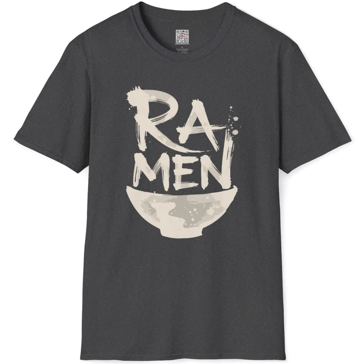 Dark heather t-shirt flatlay showing monochrome brushstroke "RAMEN" text with textured ramen bowl.