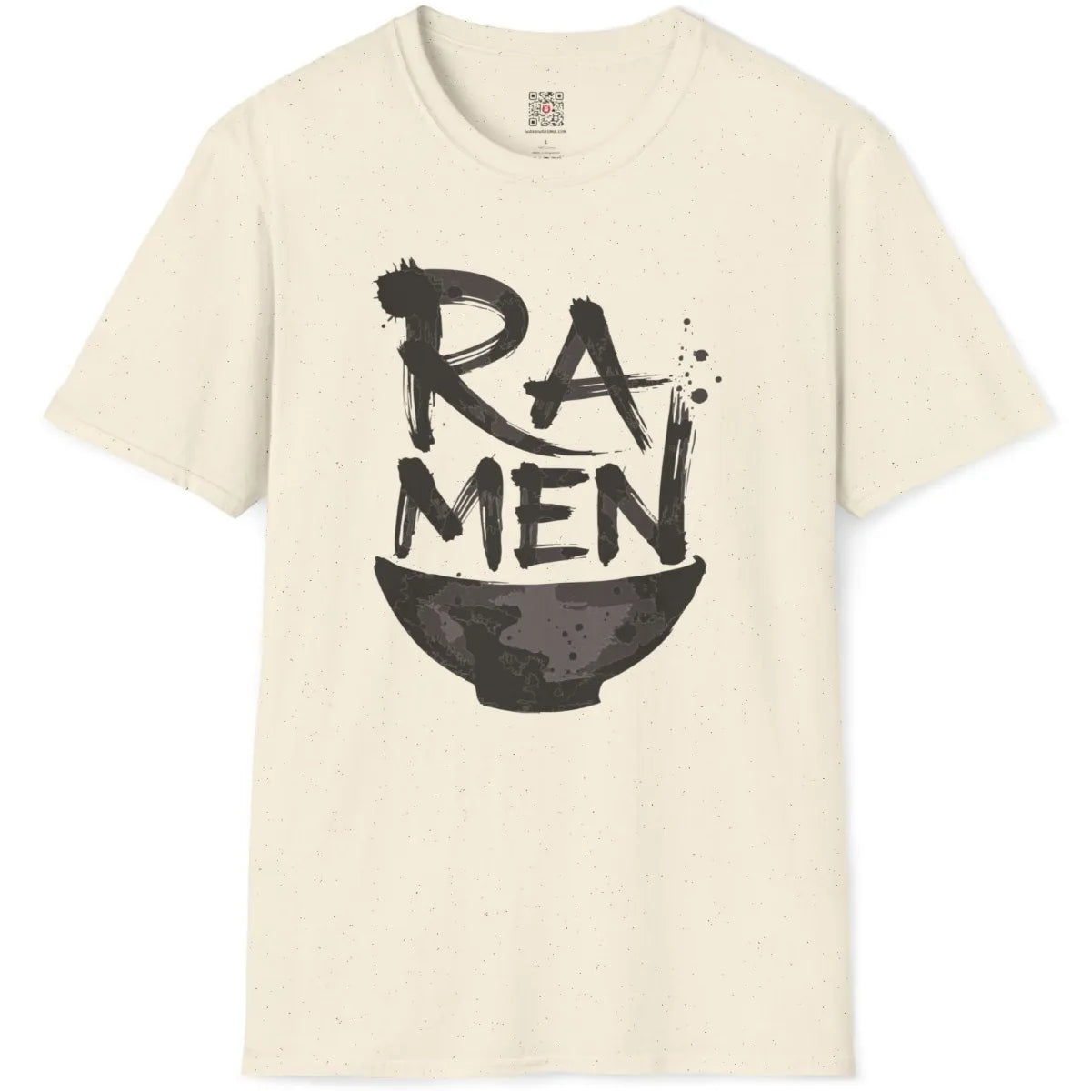 Natural fabric t-shirt flatlay displaying hand-drawn "RAMEN" brushstroke text and ceramic bowl art.