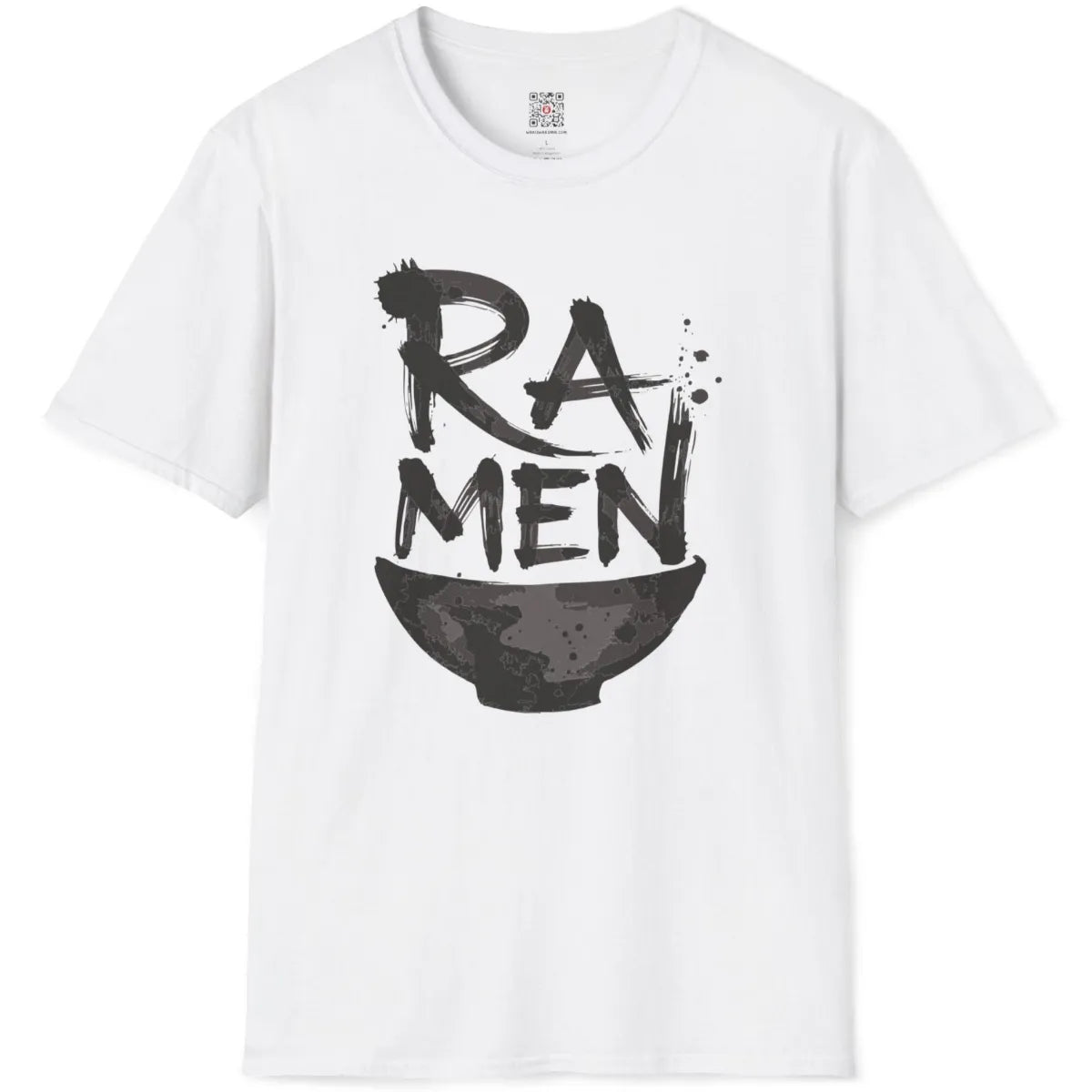 White t-shirt flatlay with artistic black brushstroke "RAMEN" letters over minimalistic ramen bowl.