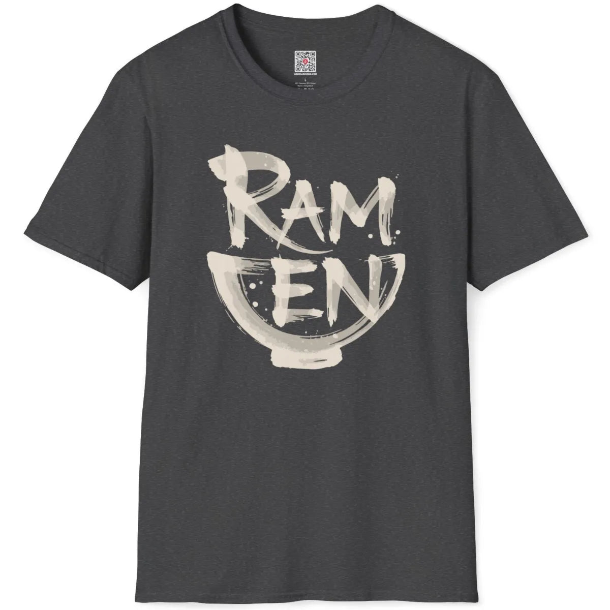 Dark heather t-shirt flatlay featuring bold brushstroke ramen art with textured strokes and subtle ink splatters.