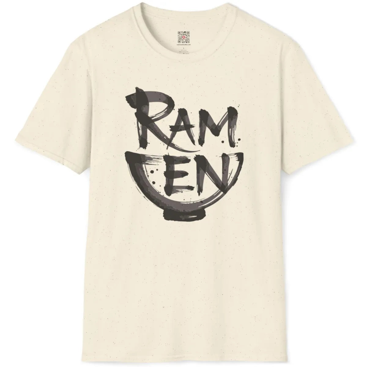 Natural fabric t-shirt flatlay showing contemporary brushstroke ramen text art with textured monochrome styling.