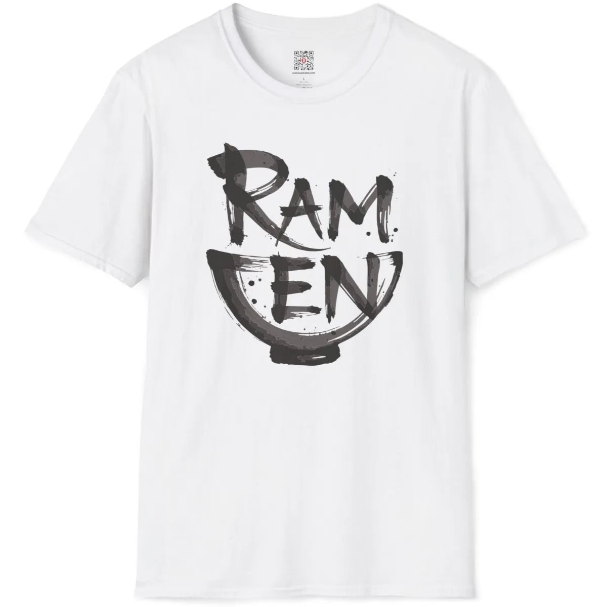 White t-shirt flatlay displaying artistic brushstroke ramen lettering shaped as bowl in textured dark gray ink.