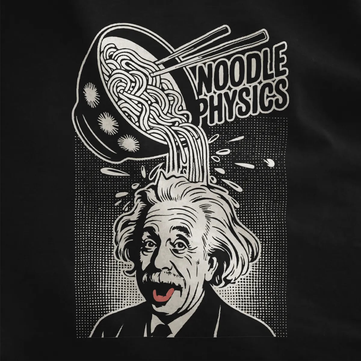 Black fabric close-up of playful black and white Einstein with coral tongue and ramen bowl design.