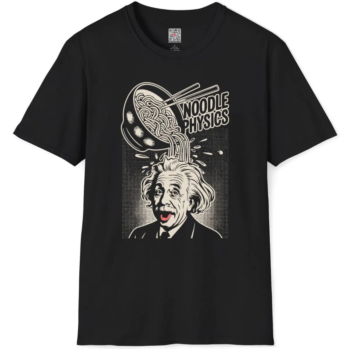 Black t-shirt flatlay showing monochrome Einstein, ramen noodles, and bold "Noodle Physics" text.