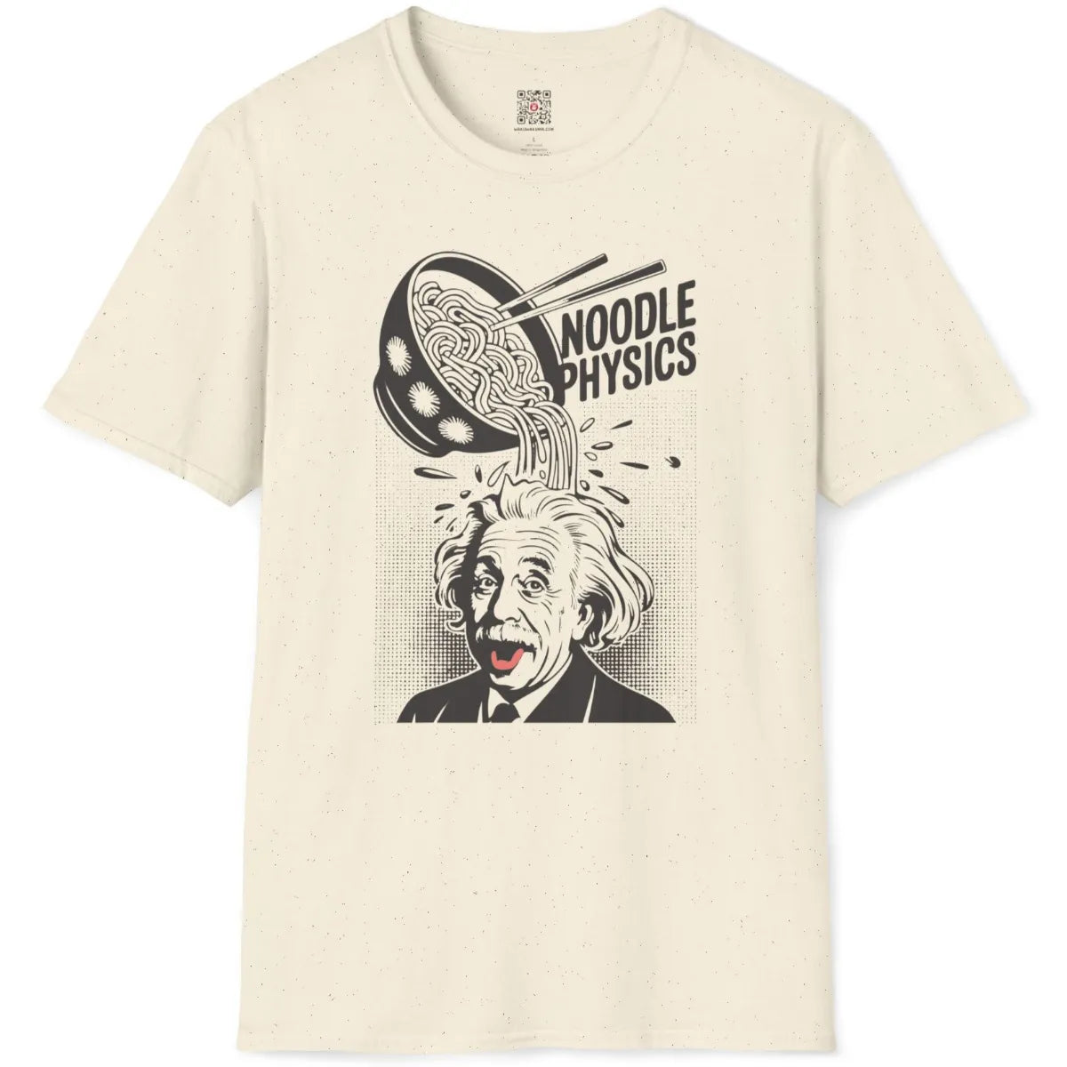 Natural fabric flatlay showing humorous vintage comic Einstein with ramen noodles and chopsticks.