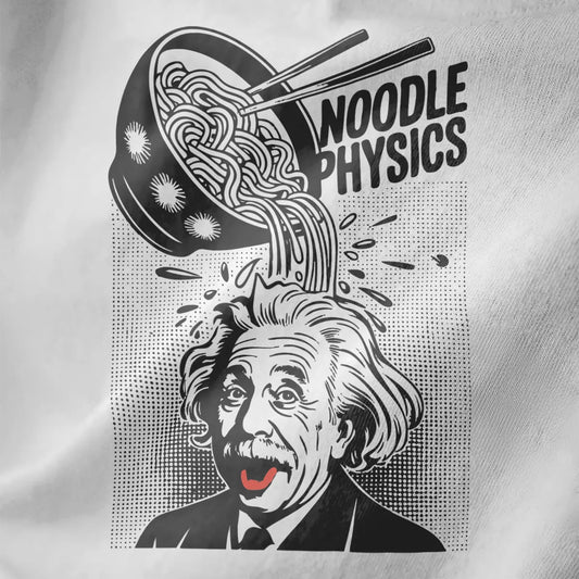 Close-up of black and white vintage comic style Einstein with ramen noodles on white fabric.