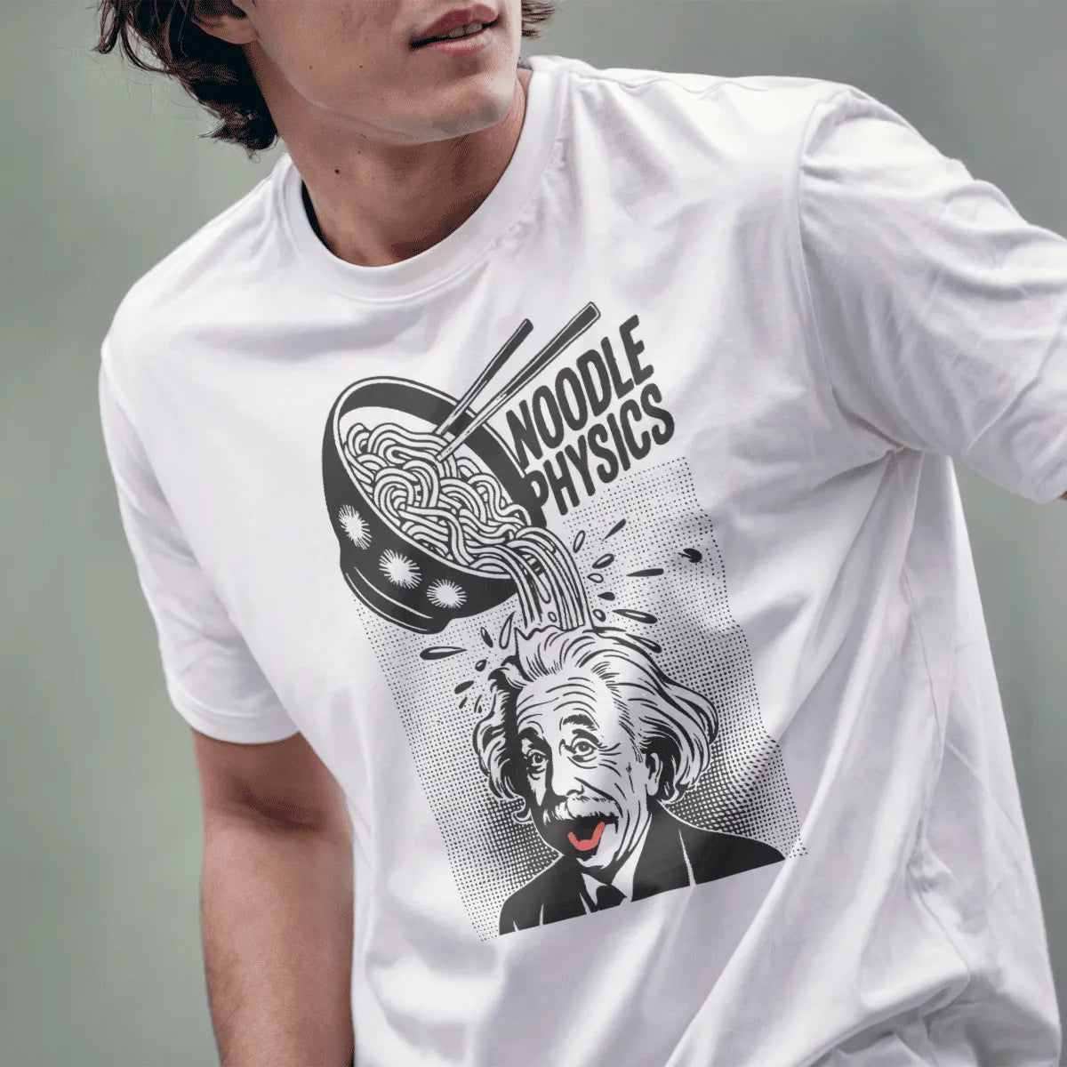 Male model wearing white t-shirt with quirky Einstein ramen noodle illustration and playful font.