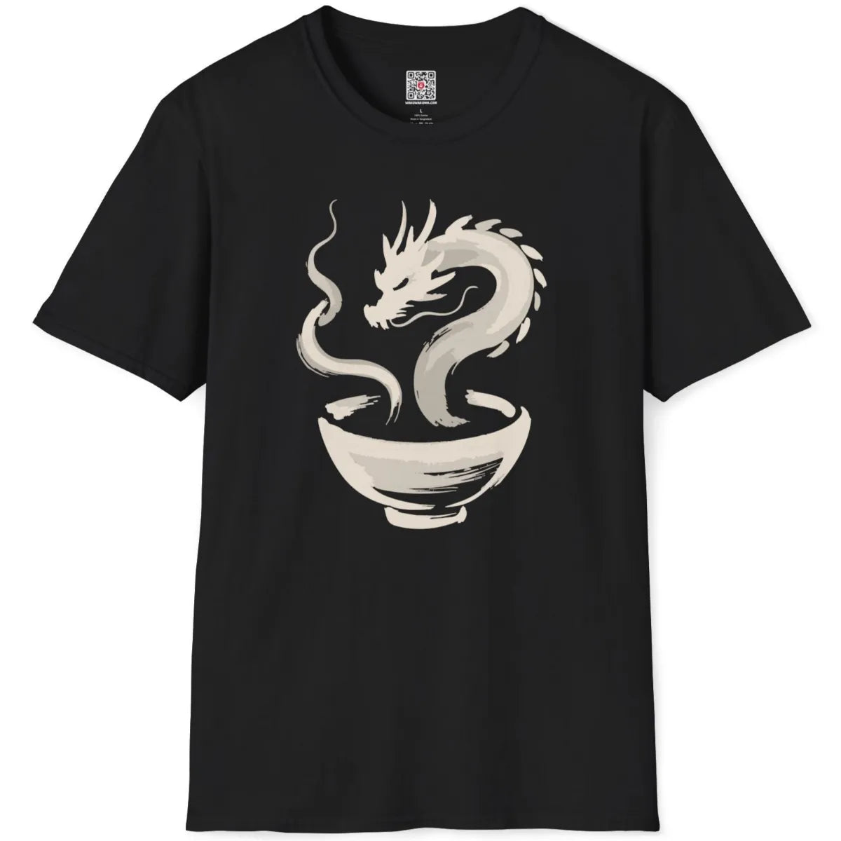Black t-shirt flatlay with textured brushstroke dragon coiling above ramen bowl in monochrome style.
