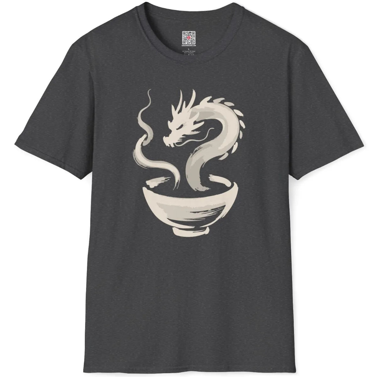 Dark heather t-shirt flatlay with mysterious sumi-e dragon and ramen bowl design in textured brushstrokes.