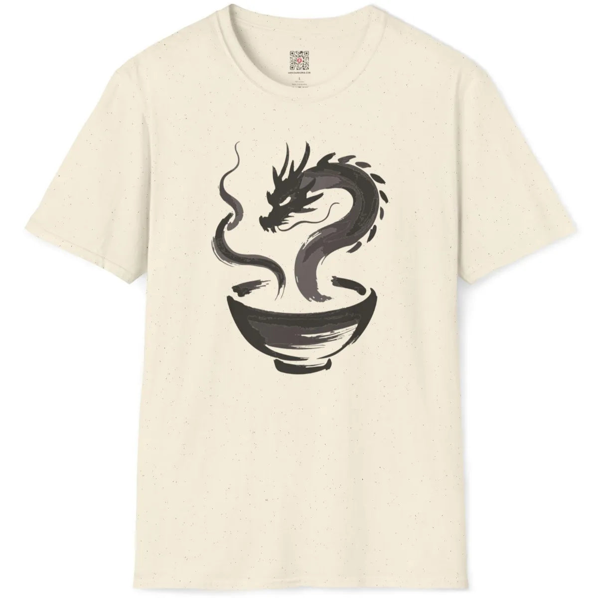 Natural fabric t-shirt flatlay displaying traditional sumi-e brushstroke dragon above ramen bowl.