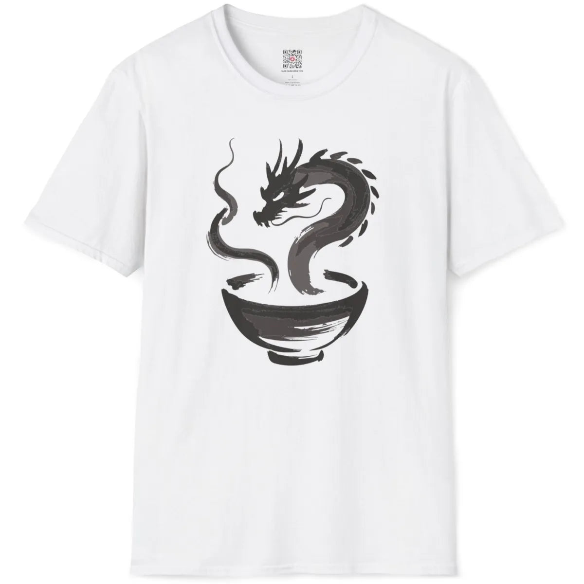 White t-shirt flatlay showcasing dynamic brushstroke dragon rising from ramen bowl in sumi-e art.