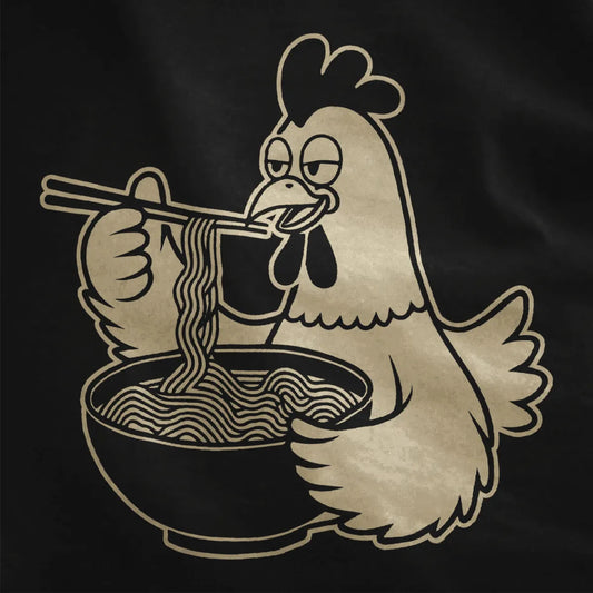 Cartoon chicken eating noodles with chopsticks, bold lines on black fabric. ramen t-shirt, funny chicken, contrast art