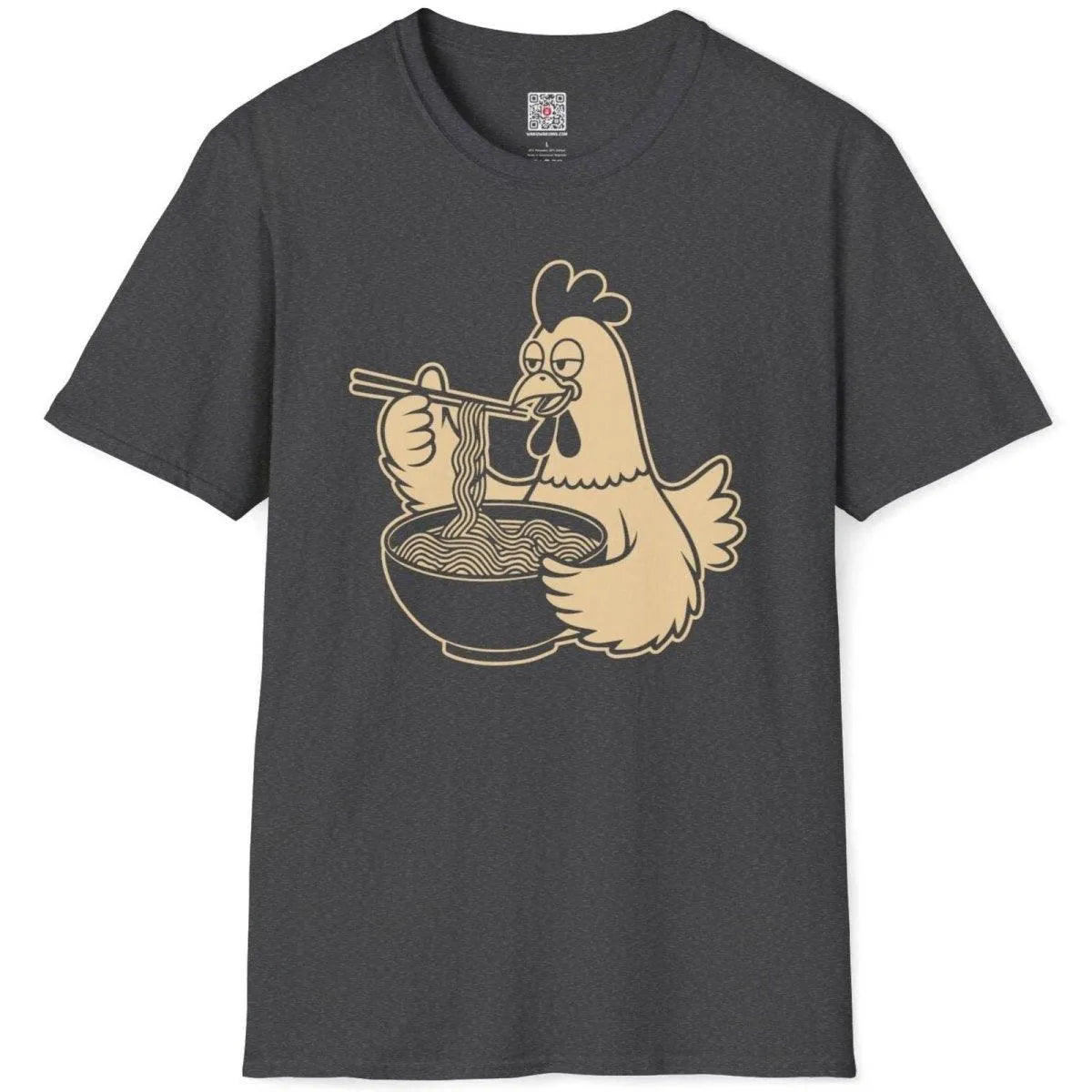 Flatlay of dark heather shirt with cartoon chicken, noodles, chopsticks. ramen t-shirt, junk food shirts, contrast art