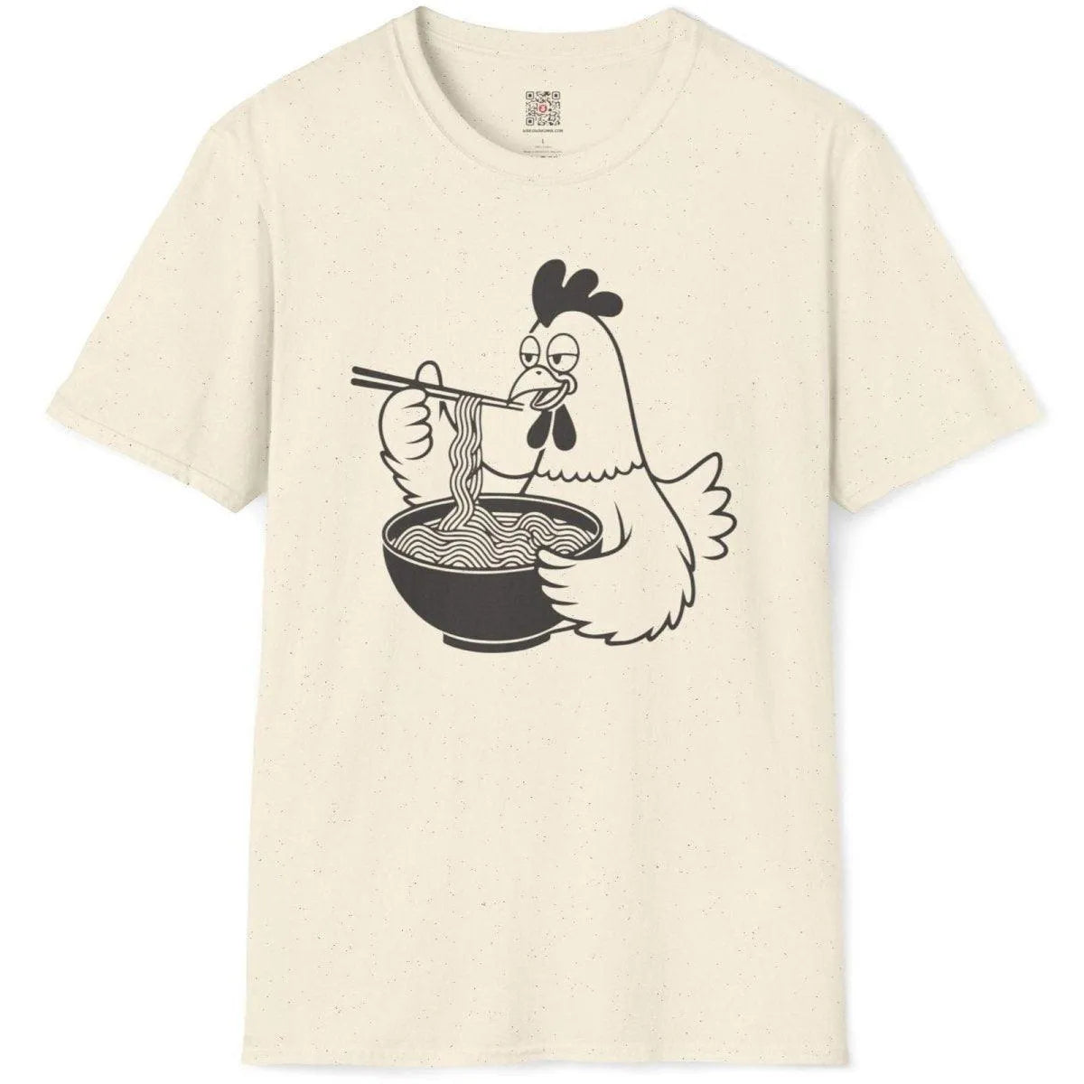 Flatlay of natural shirt with cartoon chicken, noodles, chopsticks. ramen t-shirt, cartoonish style, humorous quote