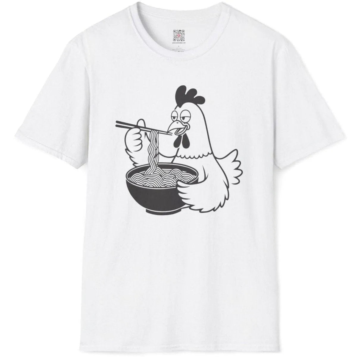 Flatlay of white shirt with cartoon chicken, noodles, chopsticks. ramen t-shirt, funny chicken, instant noodle