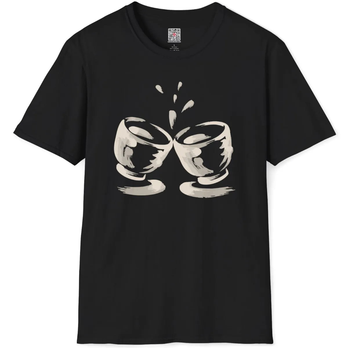 Flatlay of black t-shirt featuring rustic, hand-drawn brushstroke sake cups in grey and black.