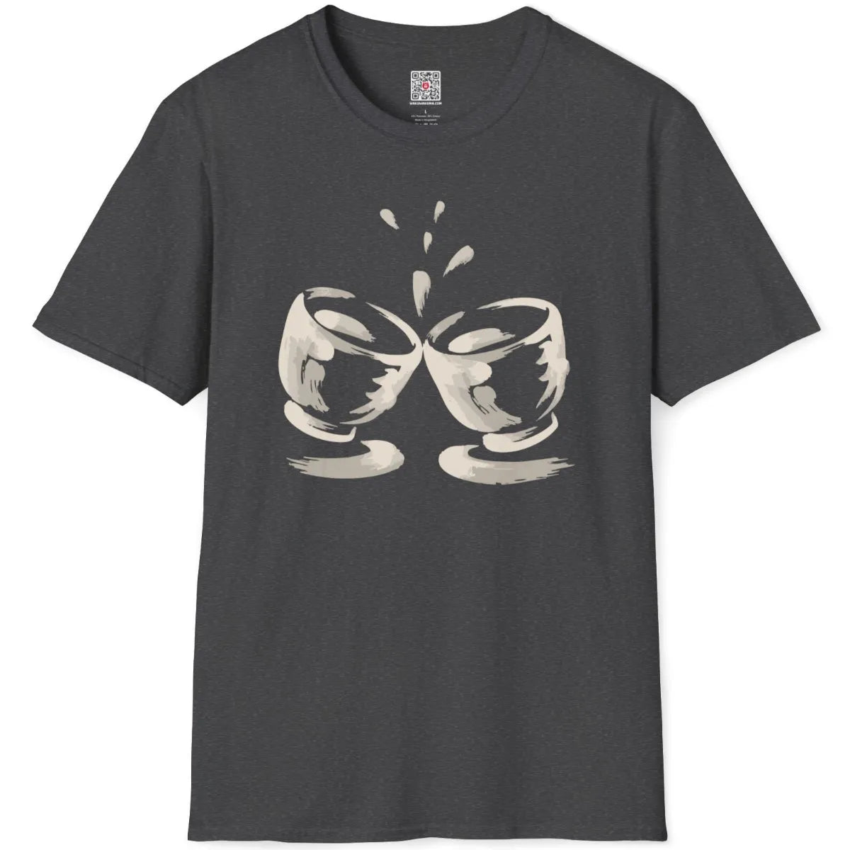 Dark heather t-shirt flatlay showcasing artistic hand-drawn sake cups with dynamic ink splashes.