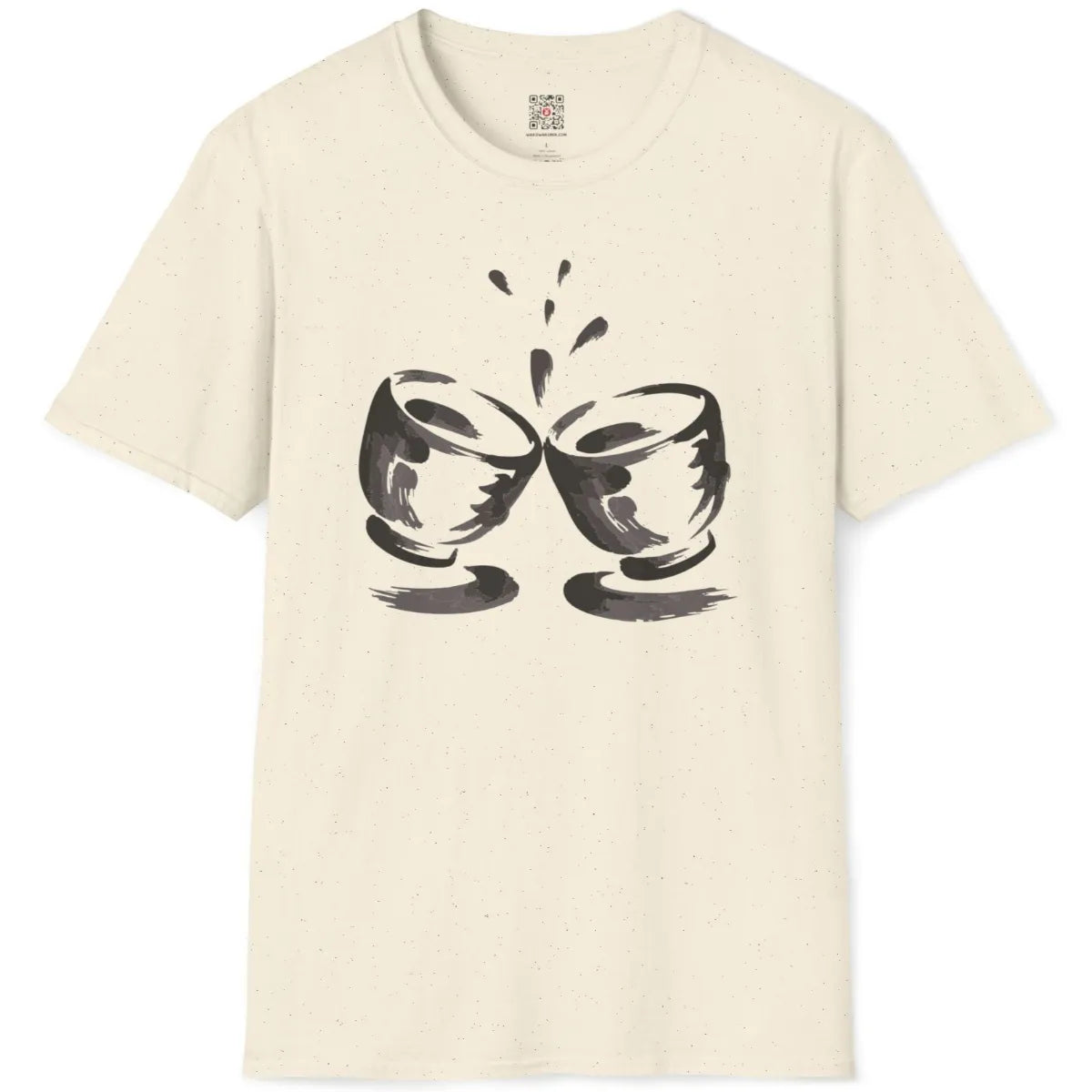 Natural color t-shirt flatlay with traditional Japanese style black and grey sake cups artwork.