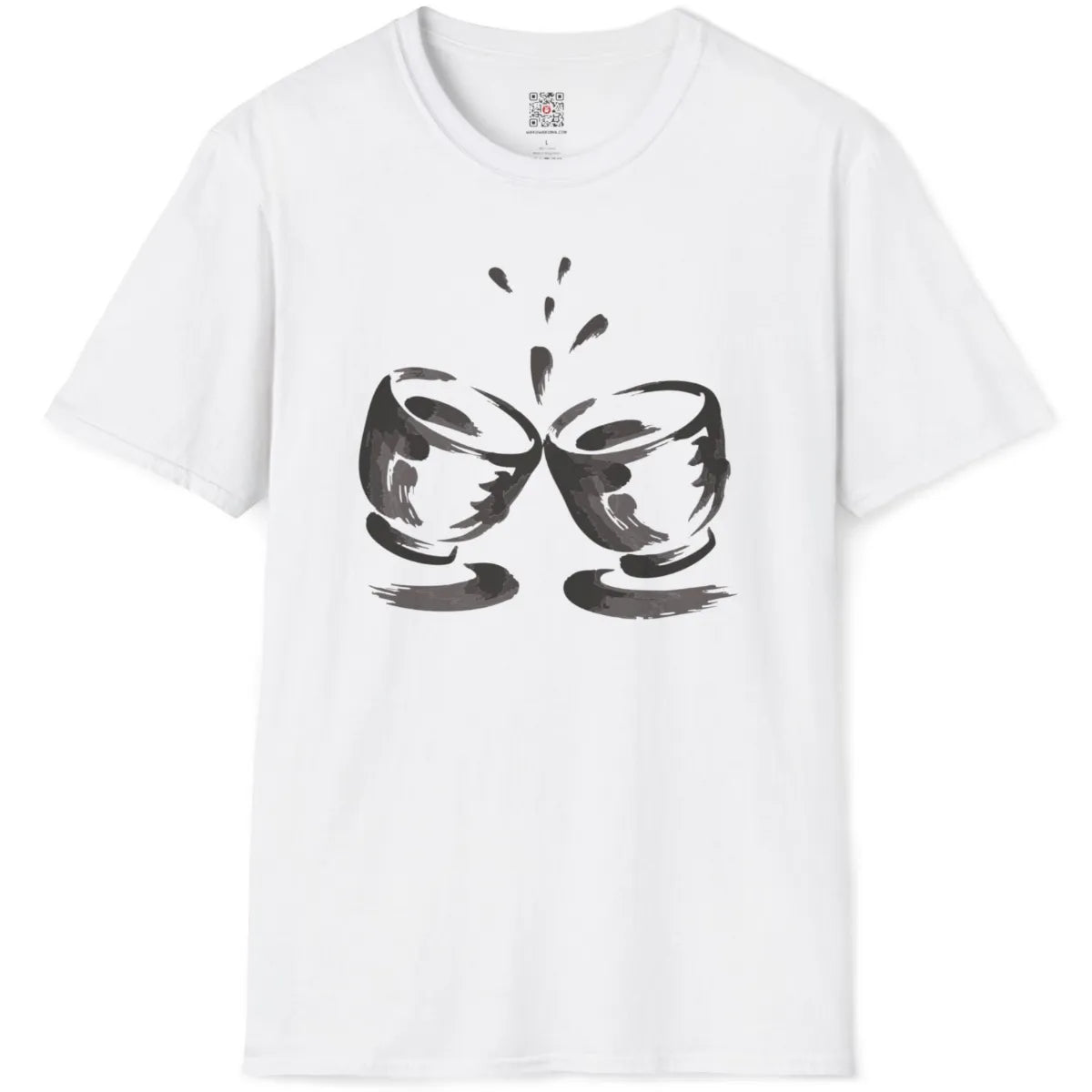 Flatlay of white t-shirt with simple and rustic black and grey ink brushstroke sake cups design.