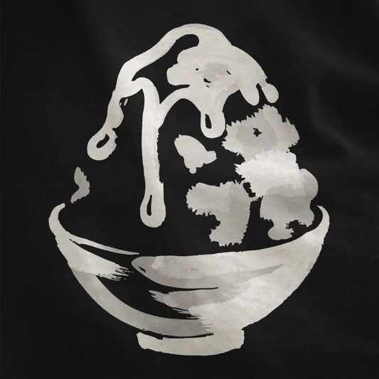 Black fabric close-up highlighting textured layering and bold brushstroke design of shaved ice dessert artwork.