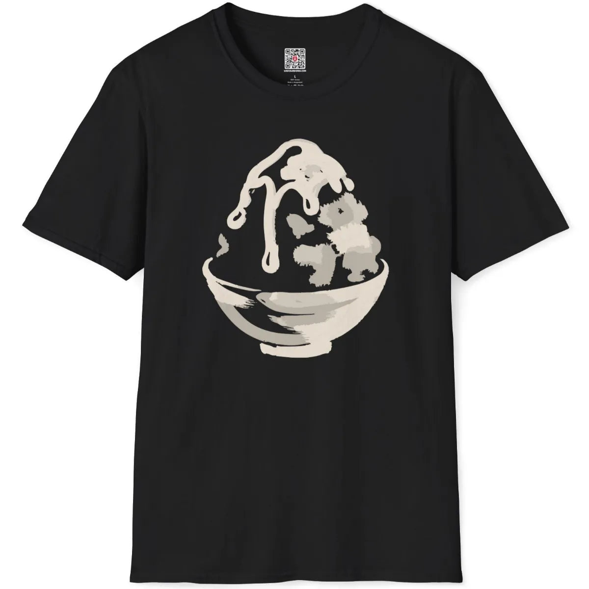 Black t-shirt flatlay with playful indulgence kakigori shaved ice graphic, showcasing creative brushstroke style.