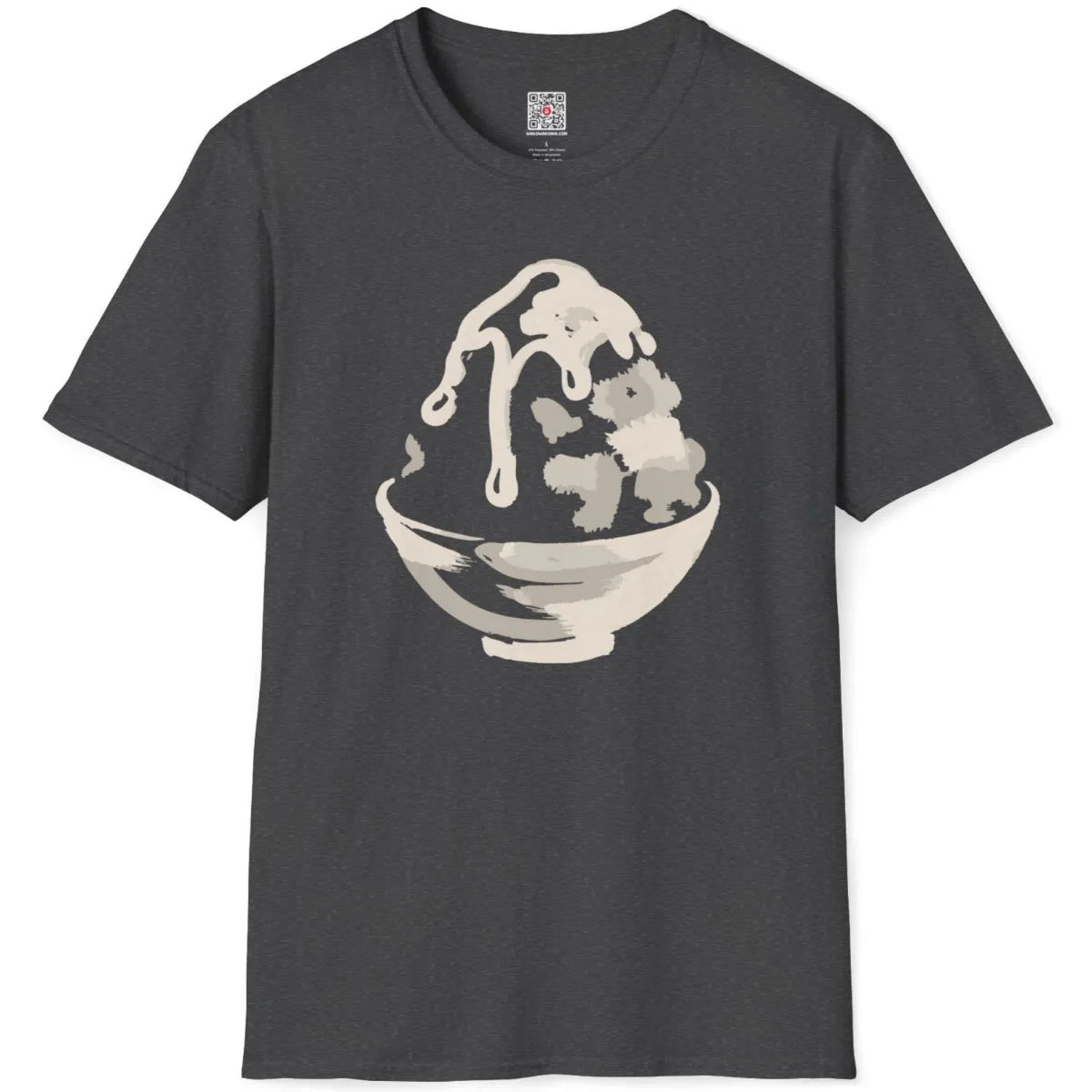 Dark heather shirt flatlay with bold monochrome kakigori design representing Japanese style sweets and contrast art.