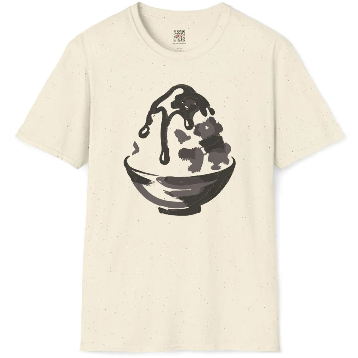 Natural fabric t-shirt flatlay showing light and airy kakigori shaved ice graphic with artistic brush strokes.