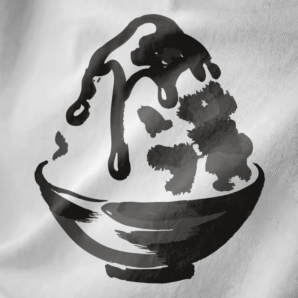 Close-up of white t-shirt showing artistic brushstroke kakigori design with monochrome Japanese sweet food style.