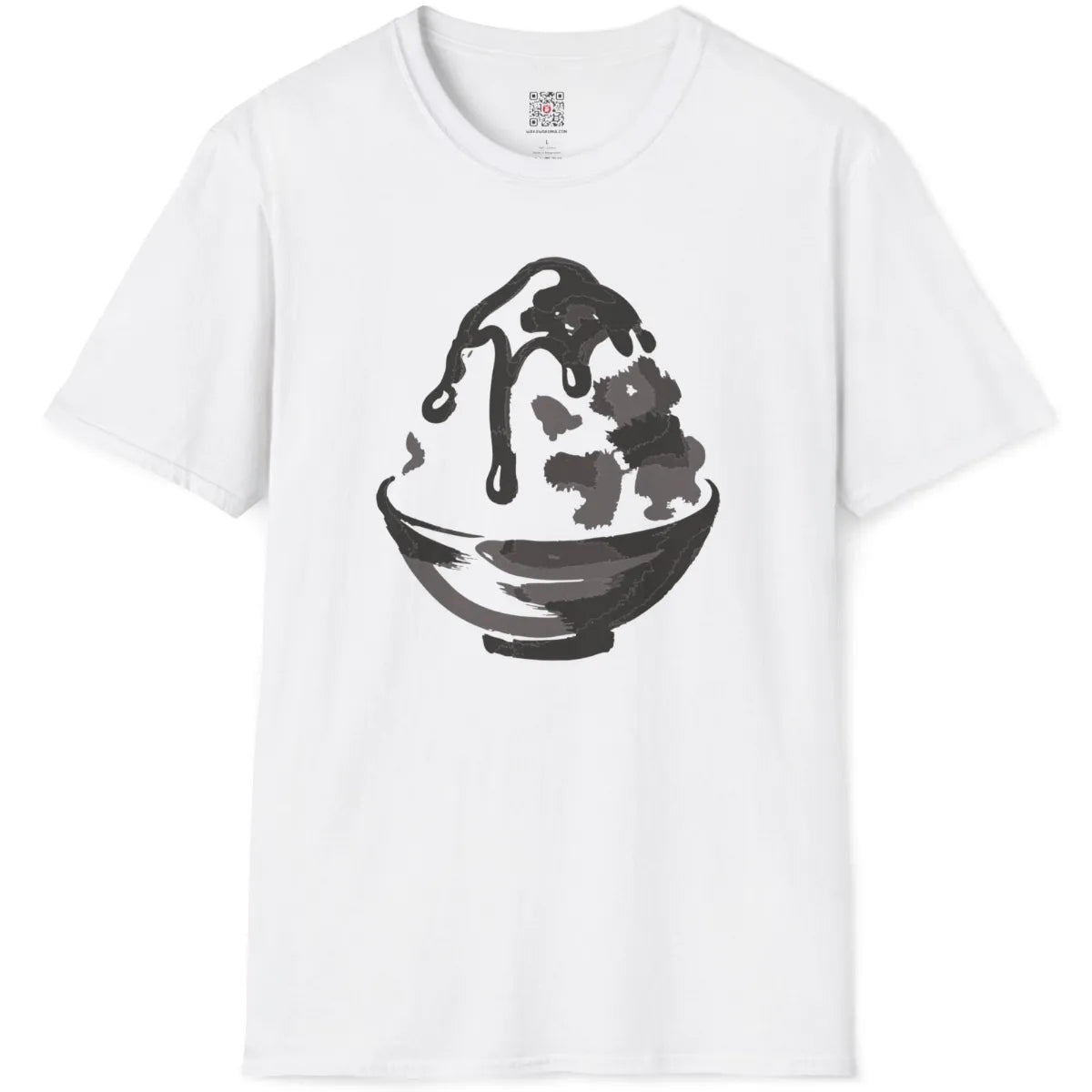 White t-shirt flatlay displays unique kakigori dessert design with textured brushstrokes and clean artistic look.