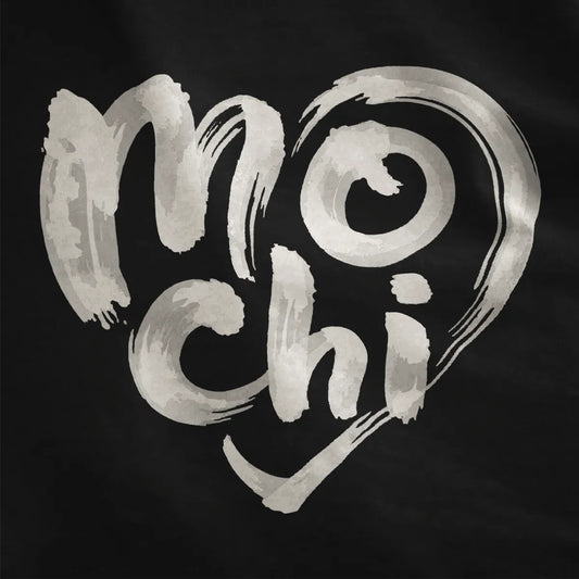 Black close-up fabric showing mochi word in textured brushstroke with heart design, bold text font.