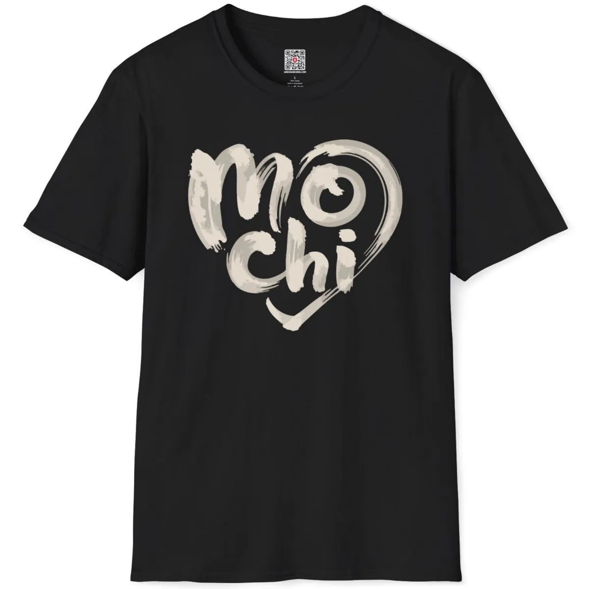 Black flatlay of t-shirt with artistic mochi text in painted strokes, heart art emphasizing Japanese sweets.