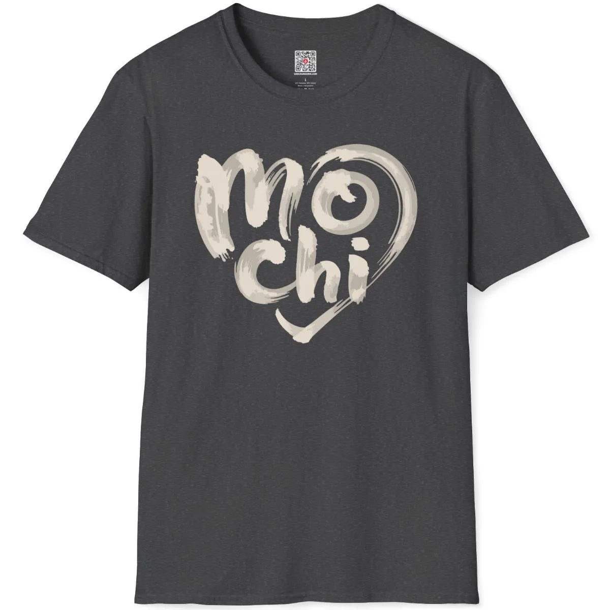Dark heather t-shirt flatlay with whimsical mochi text in thick brush strokes, artistic flair and heart symbol.