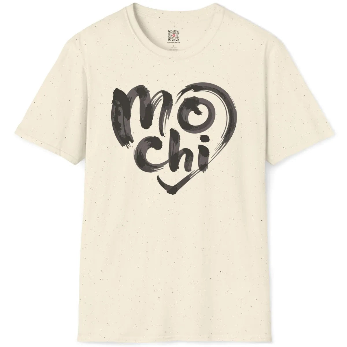 Natural color t-shirt flatlay with modern mochi word art in expressive brush strokes, heart-shaped design.