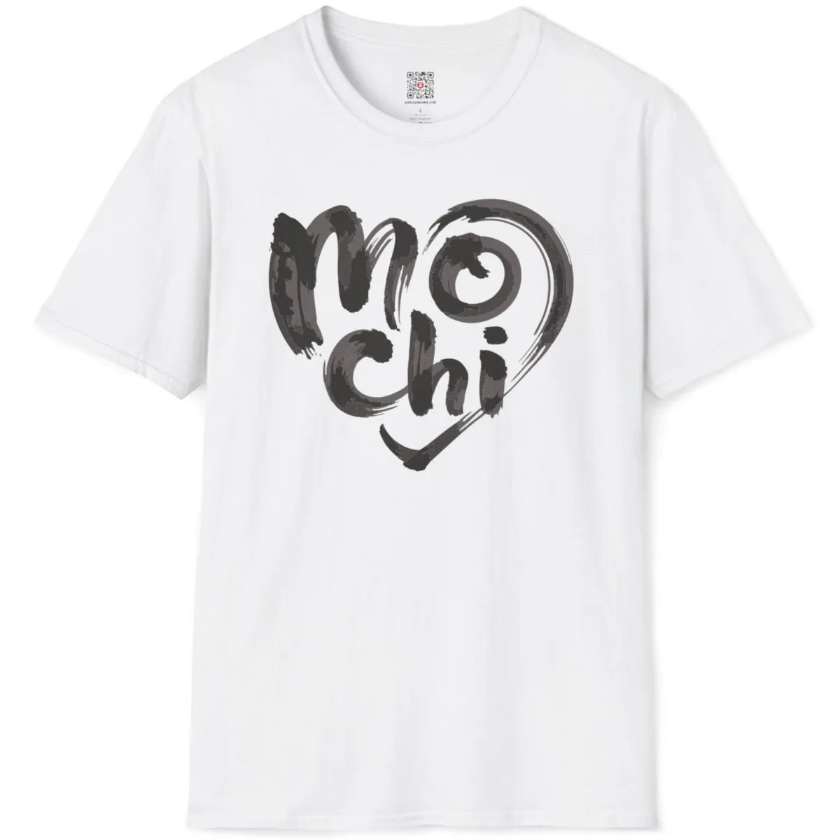 White flatlay of t-shirt displaying bold mochi brushstroke text framed by heart, contemporary styling.