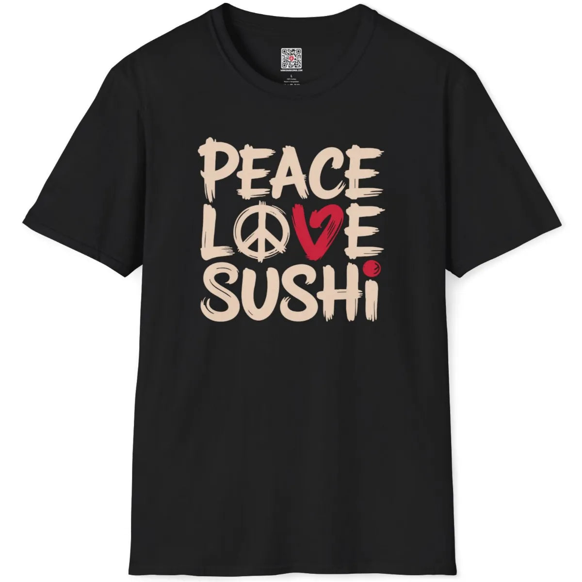 Black t-shirt flatlay featuring bold brushstroke "Peace, Love, Sushi" design with red heart and peace icon.