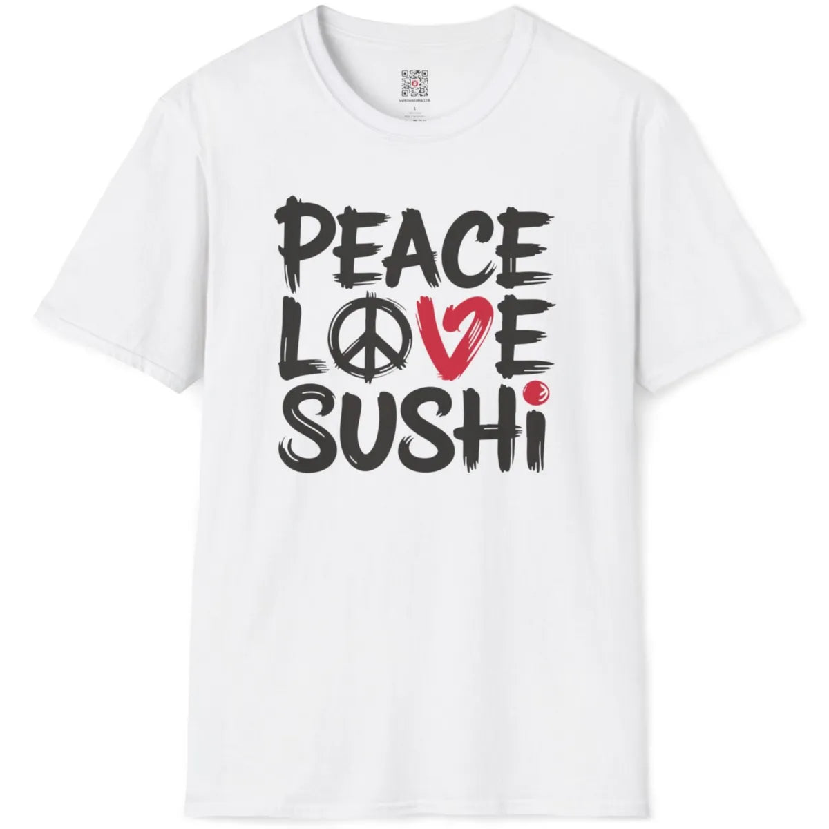 White t-shirt flatlay displaying artistic brushstroke "Peace, Love, Sushi" text and red heart detail.