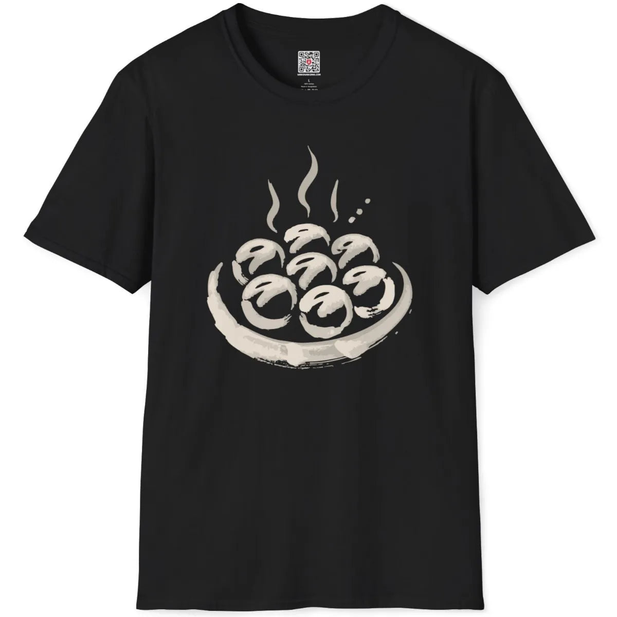 Black flatlay of t-shirt with minimalistic takoyaki plate design, highlighting bold imagery and cultural food art.