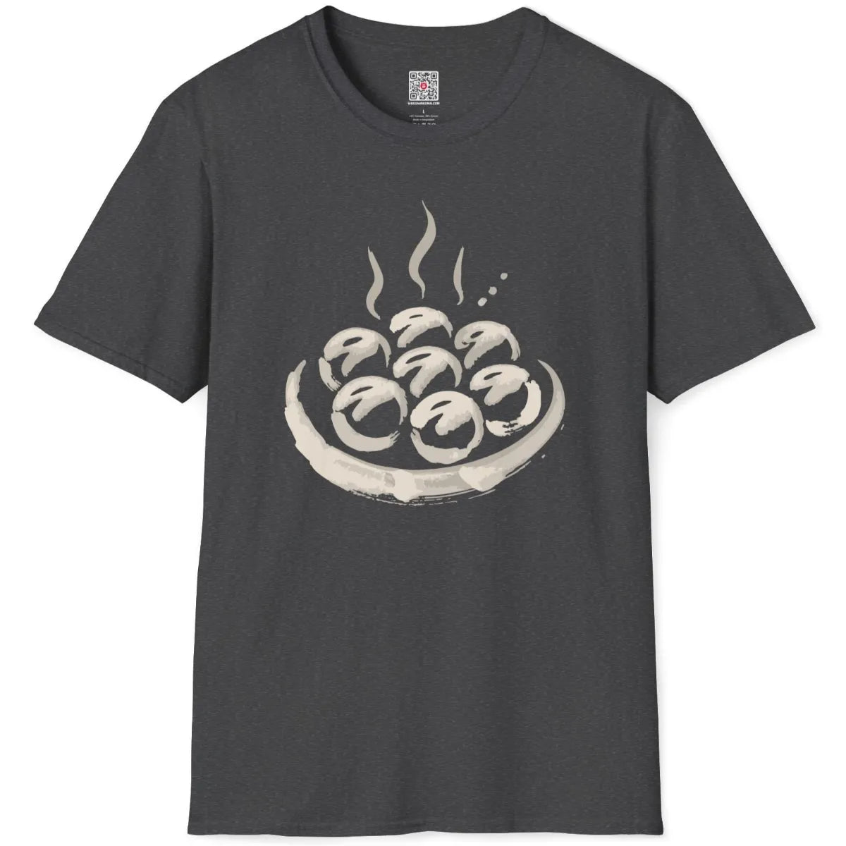 Dark heather flatlay showing minimalist takoyaki brushstroke art, representing contemporary styling and foodie design.
