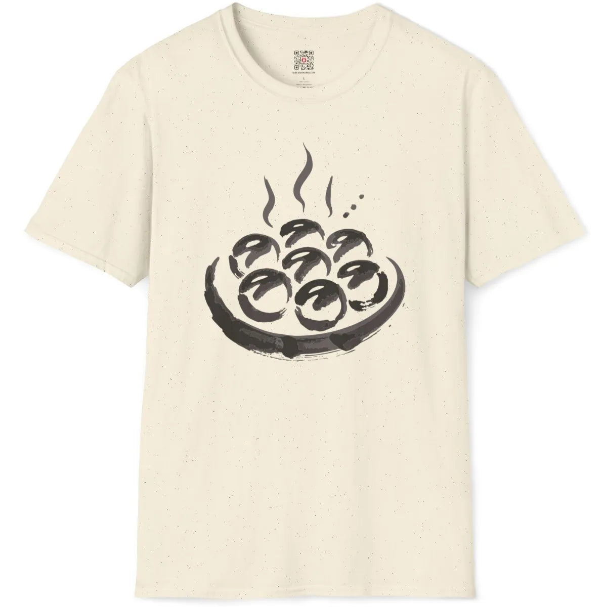 Natural fabric flatlay with handmade-style takoyaki plate illustration, emphasizing artistic symbolism and cozy food.