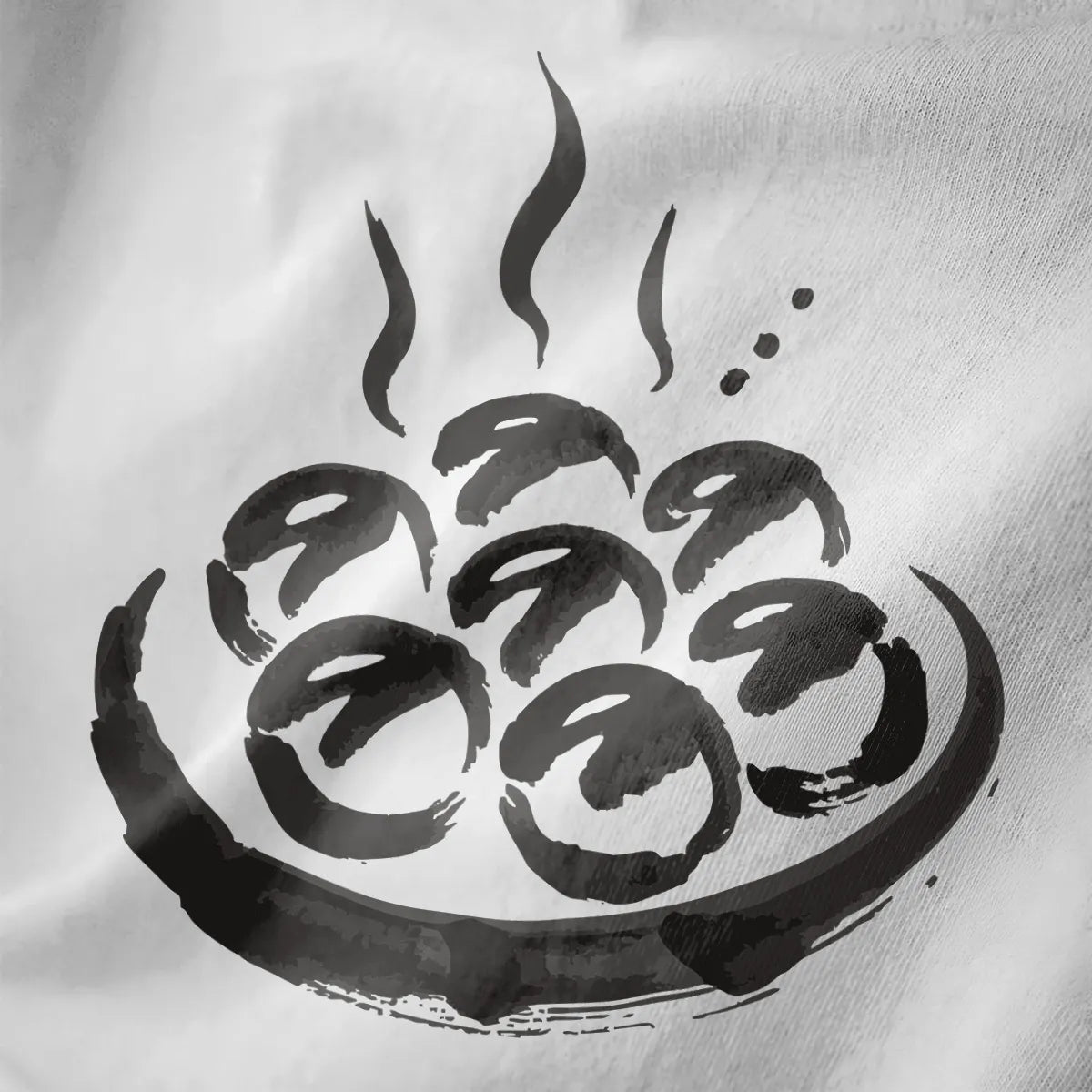 Stylized takoyaki design with expressive brush strokes on white fabric, featuring culinary and minimalist art.