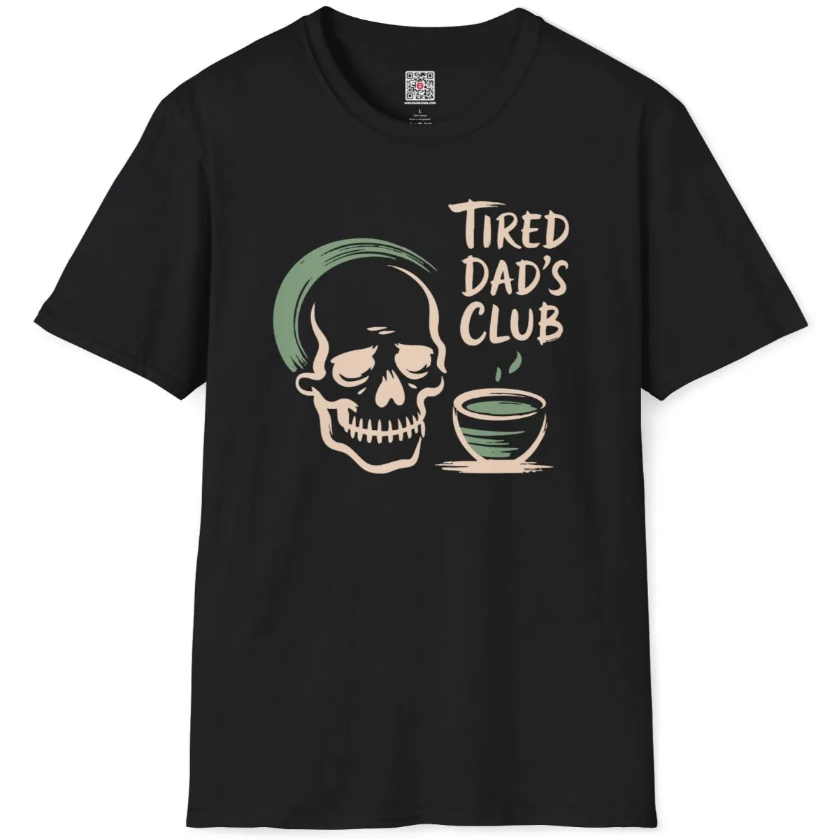 Black t-shirt flatlay featuring tired dad club skull and matcha bowl with calming color palette.