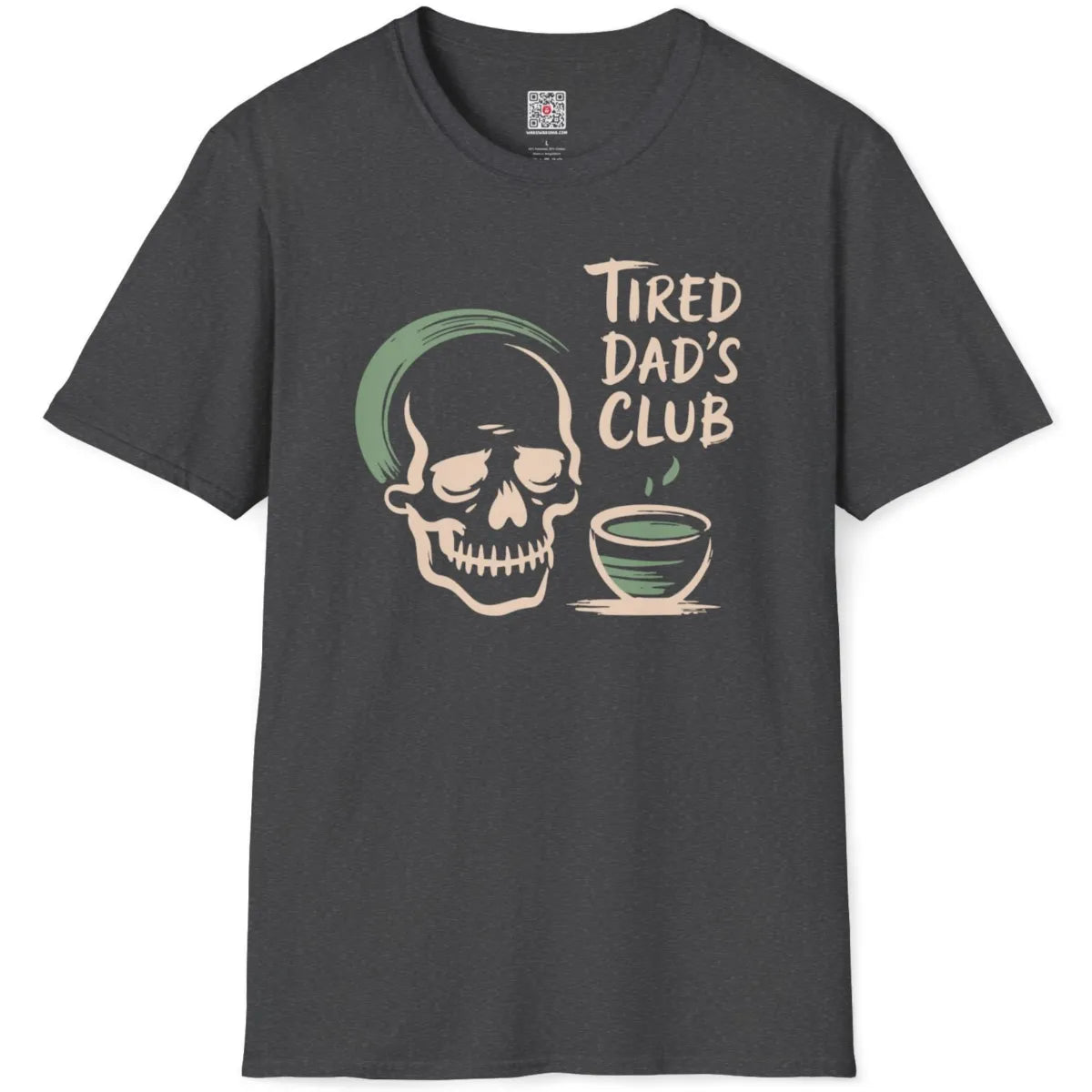 Dark heather flatlay showing artistic brush stroke skull and soft sage green matcha bowl, calming colors.