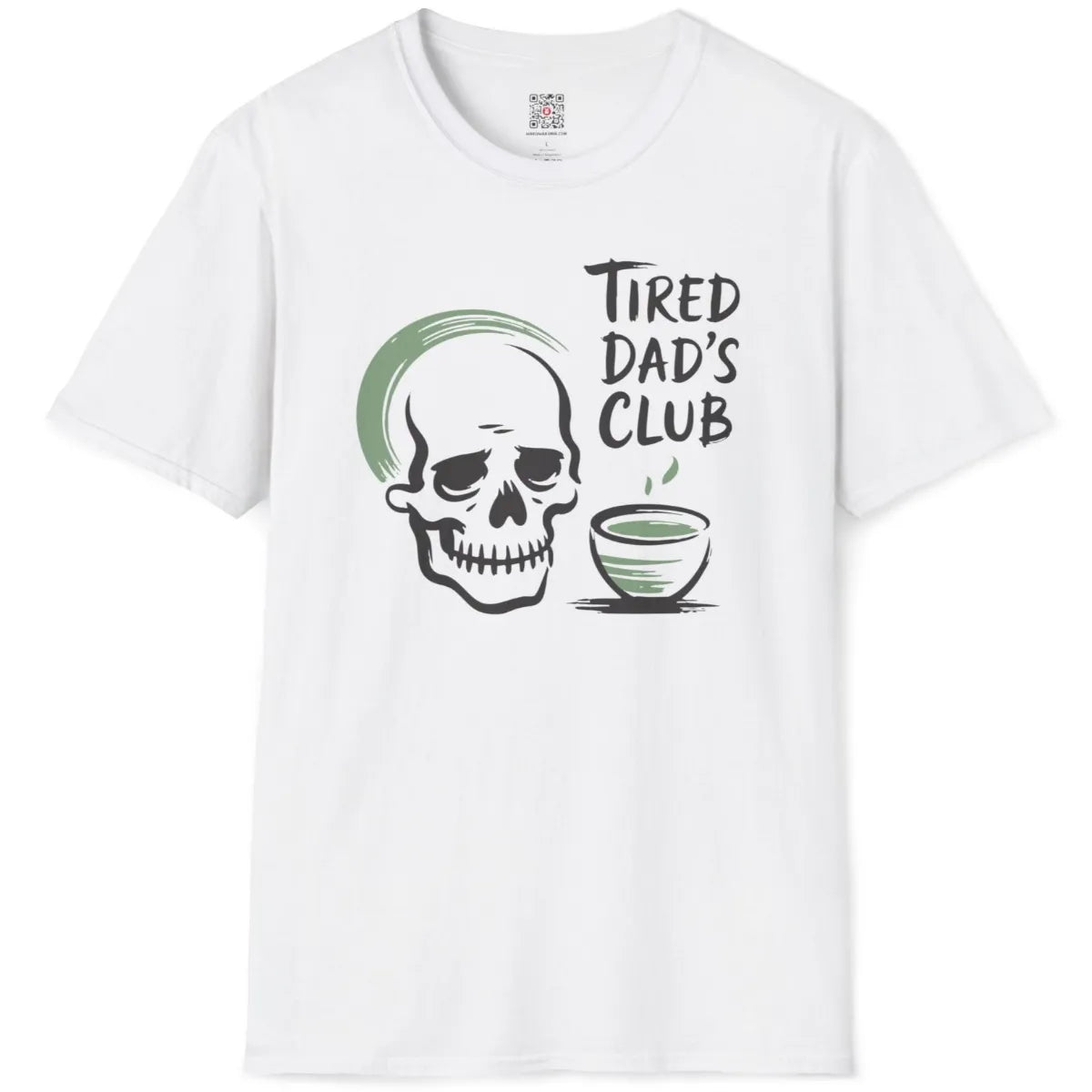 White t-shirt flatlay with understated skull and steaming matcha bowl, casual and calming graphic shirt.