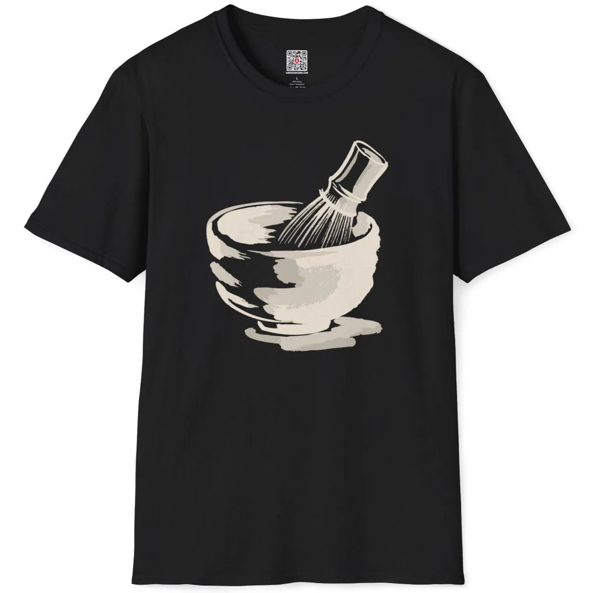 Black flatlay with expressive matcha tea bowl design, calming colors and Japanese aesthetic.